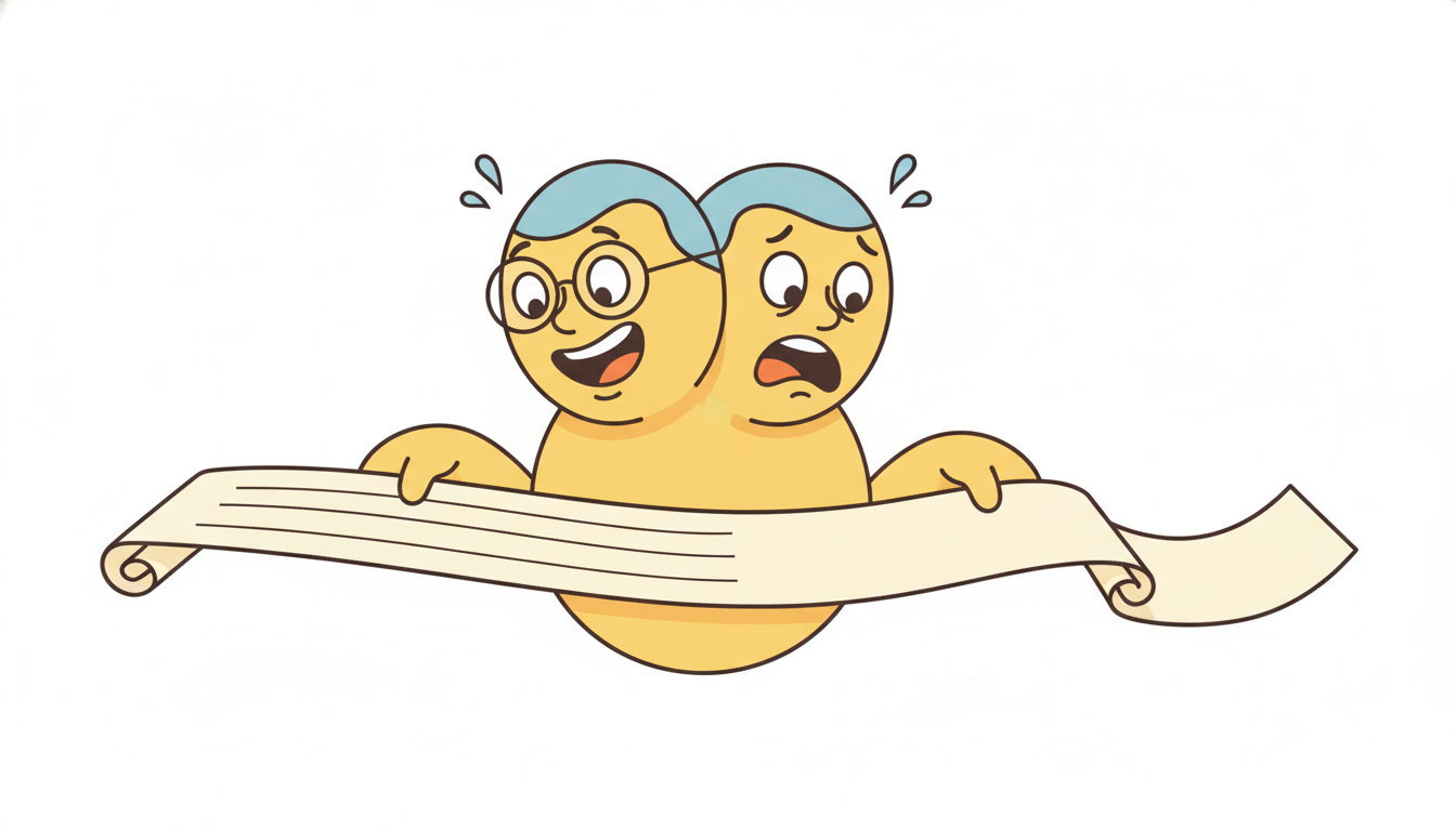 A two-headed reader scans a paper strip from both ends inward at once, then recoils in horror on realizing the right half is still blank because it is the unwritten future, depicting bidirectional reading as pure benefit for offline labeling but data leakage when applied to real-time forecasting.