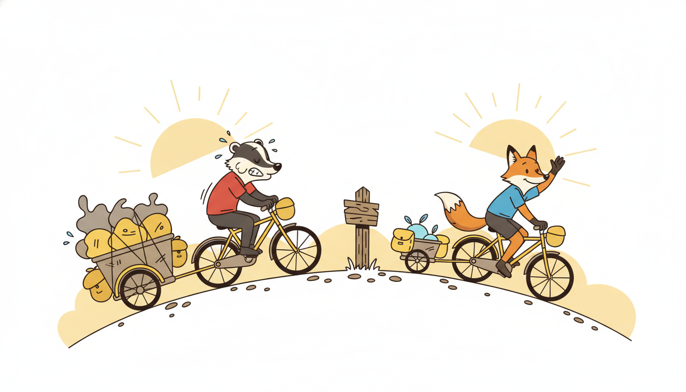 Two cyclists climb a hill neck and neck, one hauling a heavy three-pannier trailer and the other a lighter two-pannier trailer, both reaching the same point together, depicting the GRU matching the LSTM's accuracy with two gates and fewer parameters instead of three.