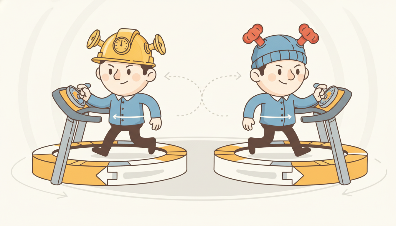 The same character appears twice on one turning predict-then-correct loop, once in an engineer's hard hat with fixed dials and once in a student cap with adjustable knobs, performing the identical step-and-adjust gesture, depicting the Kalman filter and the gated RNN as one predict-correct mechanism with fixed versus learned, adaptive gain.