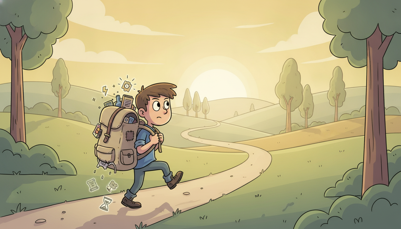 A small hiker walks a long winding path carrying one tiny fixed-size backpack, stuffing in a fresh glowing memory at each step while an older faded memory falls out the bottom, the bag never growing, depicting the vanilla RNN hidden state as a fixed-width running summary that must overwrite the distant past to make room for the present.