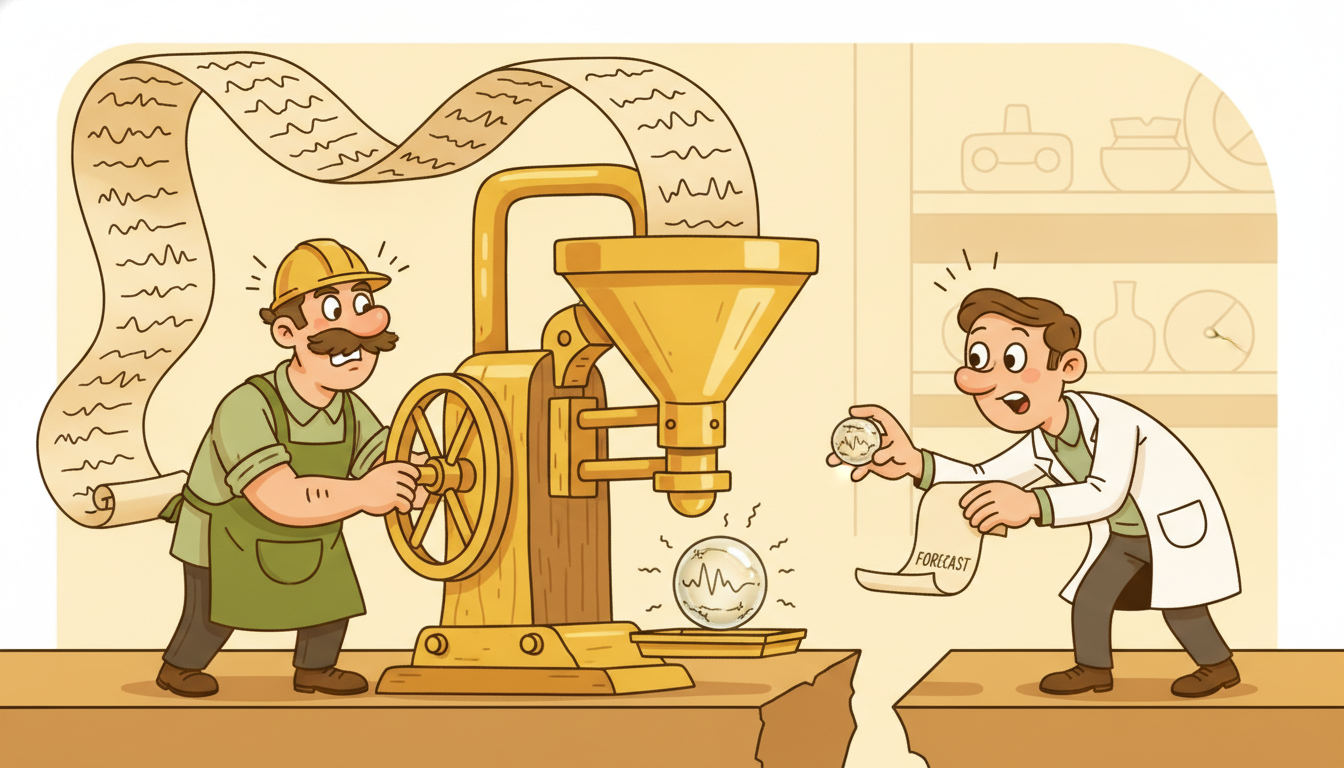 A worker squeezes a year-long sprawling waveform scroll through a funnel-press into one tiny glowing marble and hands it to a second worker who unpacks it into a forecast strip, depicting the encoder-decoder bottleneck where the entire input history is compressed into a single fixed context vector before decoding.