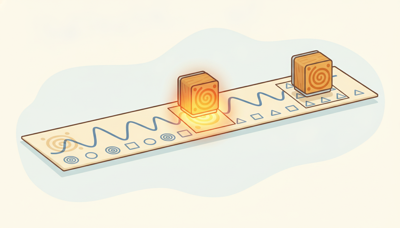 A small patterned stamp slides along a horizontal strip showing a wiggly time-series curve, pressing at each position and glowing brightly only where the local window of the signal matches the stamp's shape, producing a row of marks below, the literal picture of a learned convolution kernel detecting matching local patterns as it sweeps across time.