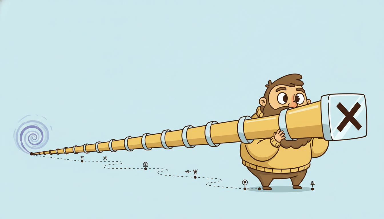 A character looks through a telescope of nested segments each twice as long as the last, reaching exponentially far backward along a timeline into the past, while a small shutter blocks the view toward the future, dramatizing a causal dilated convolution whose doubling dilations buy an exponentially large backward receptive field while it never peeks ahead.