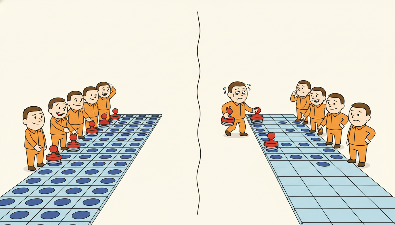 Many identical workers stamp every position of a long sequence at once and finish together, while a single lone worker plods through the same sequence one position at a time and lags far behind, dramatizing the TCN's fully parallel training across all timesteps against the recurrent network's strictly sequential one-step-at-a-time processing.