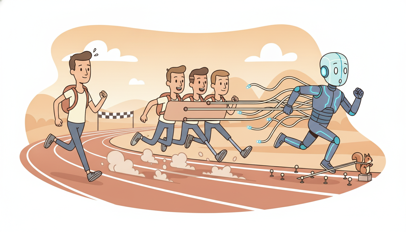 Three cartoon runners race with different builds: a lean steady jogger with a tiny backpack pacing one stride at a time, a harnessed team sweeping the track in parallel with skipping strides, and a high-tech runner trailing stretchy cords linking it to every point behind, dramatizing the RNN, TCN, and Transformer each winning a different axis with no single overall victor.