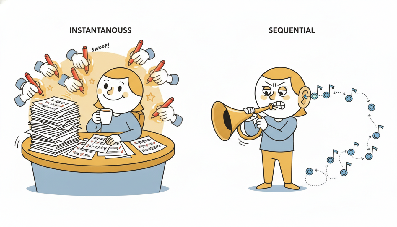 A split scene shows the same character grading a whole sheet of samples at once on the left, fast and parallel, then on the right forced to sing one note at a time with each emitted note looping back into its ear before the next, dramatizing WaveNet's fully parallel teacher-forced training against its strictly sequential one-sample-at-a-time autoregressive generation.