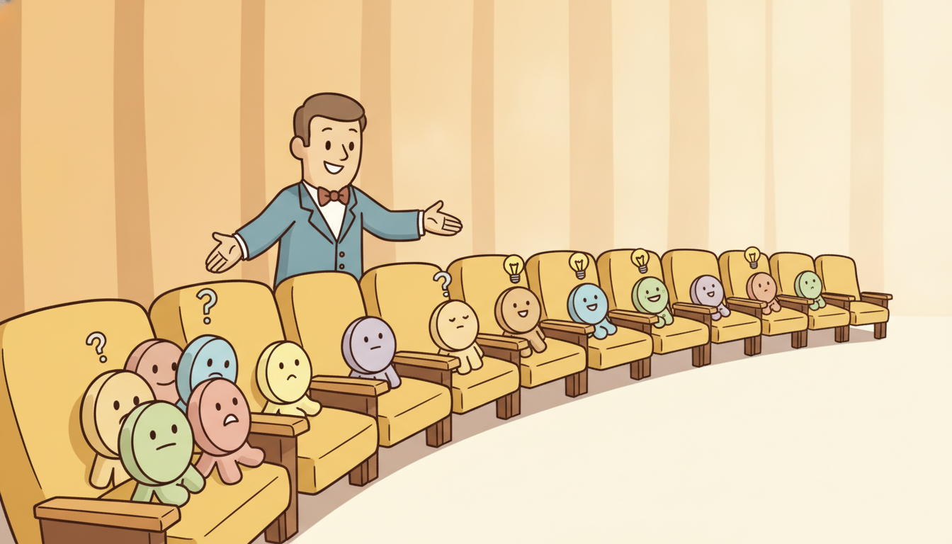 Identical order-blind token characters are each ushered into a specific seat along a single theater row, so their left-to-right seat position alone encodes their place in the sequence, picturing positional encoding restoring order to permutation-invariant attention.