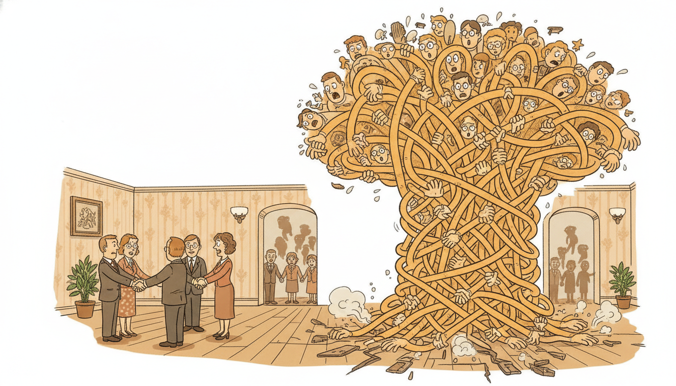 A reception room where every guest shakes hands with every other guest at once, a small calm cluster beside a much larger crowd whose handshakes explode into a tangled web as more guests arrive, picturing how all-to-all attention cost grows as the square of sequence length.