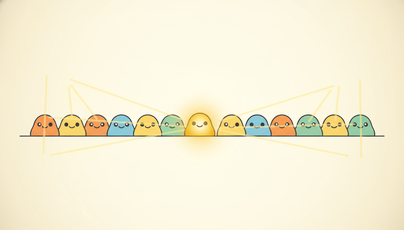 One highlighted character on a timeline beams attention rays of varying thickness to every other character at once, thick beams to the few that matter and faint beams to the rest, picturing how a query scores every key and reads a weighted blend of values.