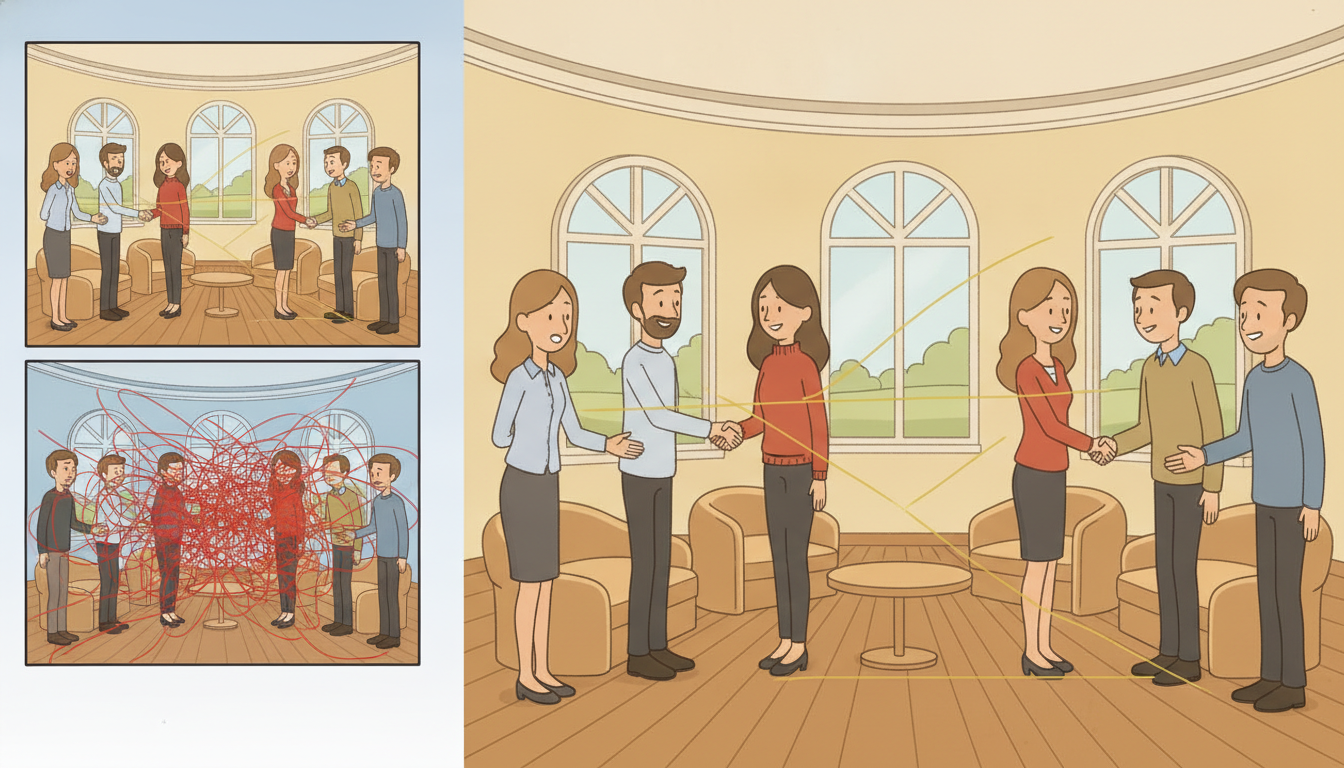 A calm reception room where each guest shakes hands only with a few near neighbors and one or two distant guests, the sparse clean connections leaving the room uncluttered, picturing sparse and efficient attention that replaces all-to-all comparison with a selective few.