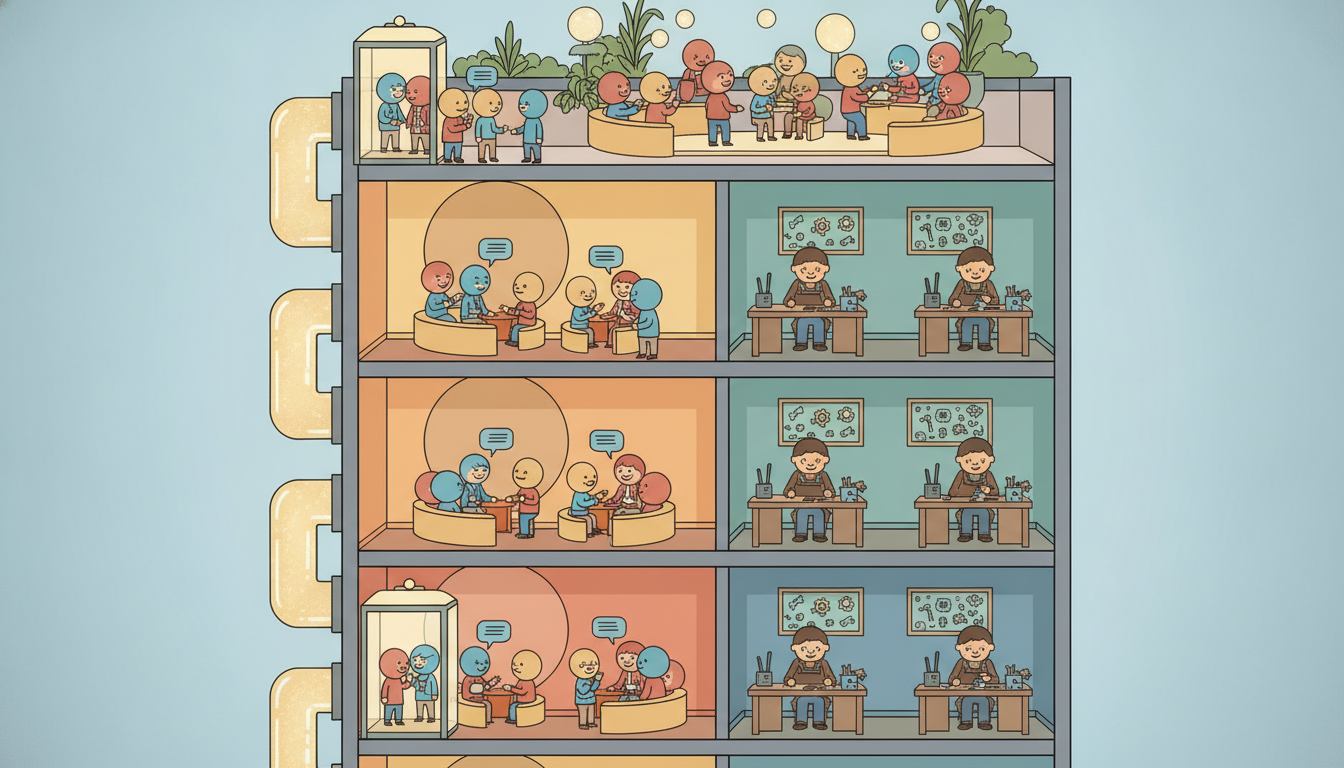 A cutaway tower of identical floors, each with a round mingling room for self-attention and a solo workshop for the feedforward network, with glowing skip-elevators on the outside carrying signals past each floor, picturing a stack of Transformer blocks with residual connections.