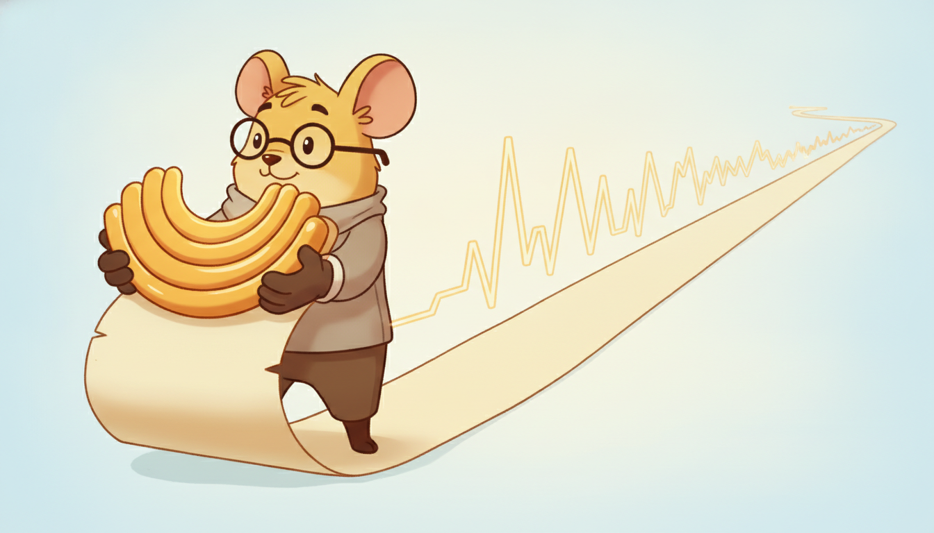 A small archivist creature compresses a long unfurling scroll of past signal history into a compact set of nested smooth curves, keeping recent history detailed and distant history gracefully shrunk but never lost, illustrating how HiPPO optimally compresses a long memory.