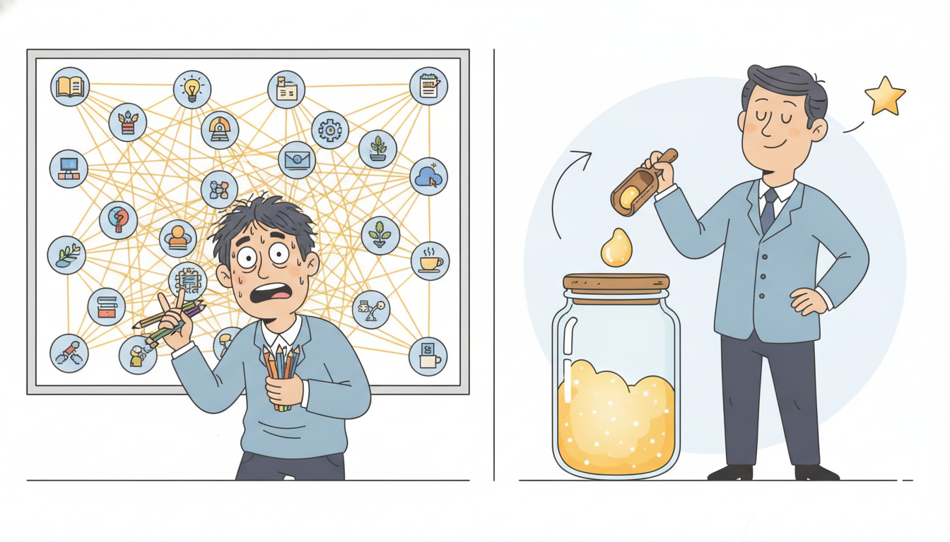 A frantic clerk tangles every item on a board to every other with a dense web of strings while a calm clerk instead keeps a single rolling ledger updated one scoop at a time, contrasting quadratic softmax attention with linear attention rewritten as a constant-memory running recurrence.