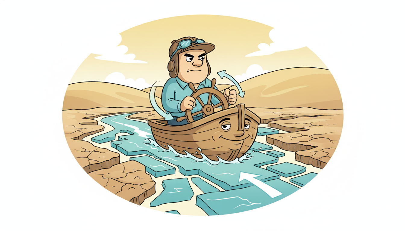 A boater steers continuously down an irregular gappy winding river whose current is the data itself, with some side channels dried up or missing, adjusting the rudder smoothly in response to the actual flow, illustrating how a Neural CDE drives its dynamics with an interpolated data path through irregular, partially observed time.