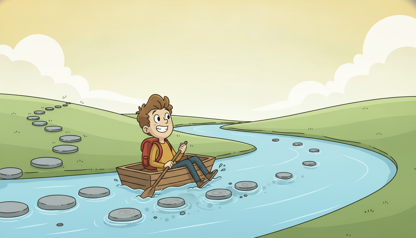A traveler who once hopped across discrete stepping stones now glides smoothly down a continuous flowing river along the same path as the stones dissolve into the current, illustrating how a Neural ODE replaces the residual network's discrete steps with a continuous-depth flow solved by an integrator.