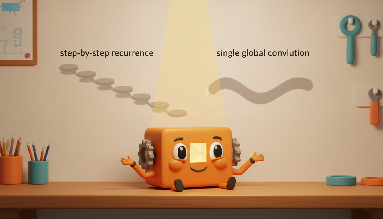 A single mechanical box casts two different shadows on a wall, one shaped like a chain of stepping stones and one shaped like a smooth flowing wave, showing the same state-space layer being both a step-by-step recurrence and a global convolution depending on how you look at it.