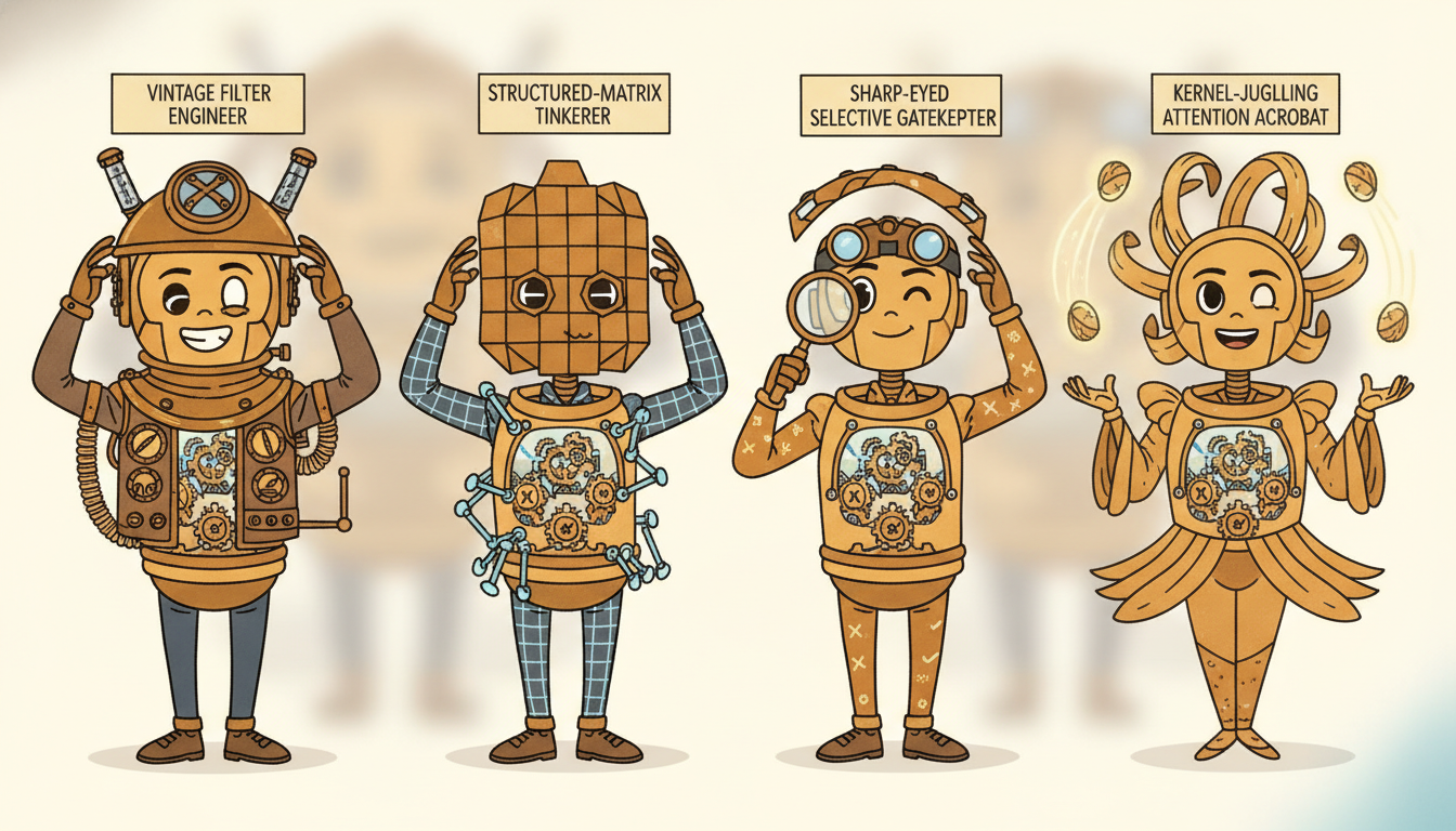 Four differently costumed characters representing the Kalman filter, the structured state-space model, the selective Mamba, and linear attention all lift their disguises to reveal the same identical clockwork creature underneath, illustrating that all four are instances of one linear-recurrence template differing only in how their matrices are obtained.
