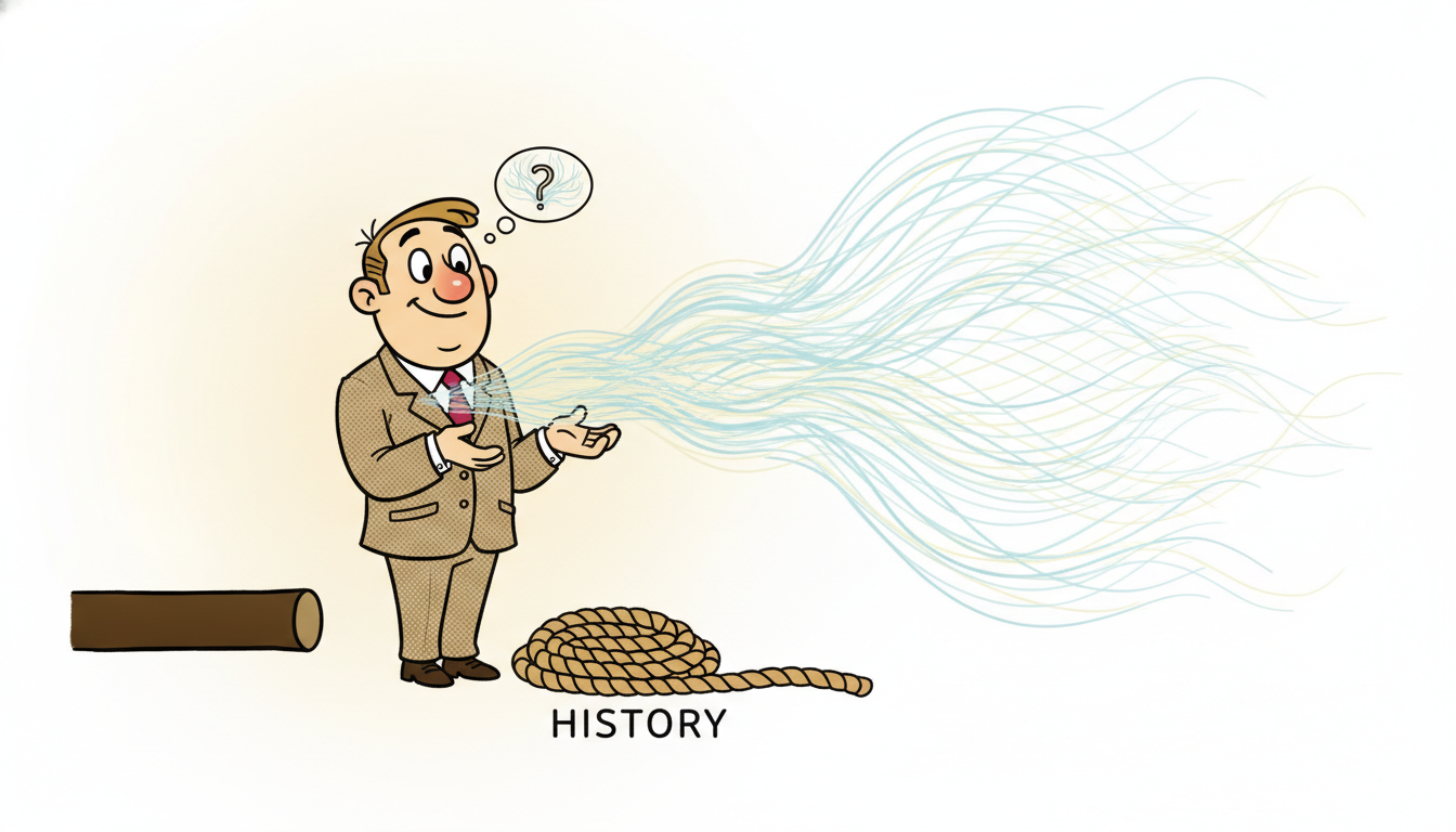 A friendly forecaster character stands where a solid historical line ends and exhales a spreading translucent fan of many faint diverging future paths, like a peacock tail of possibilities, looking calm and honest.