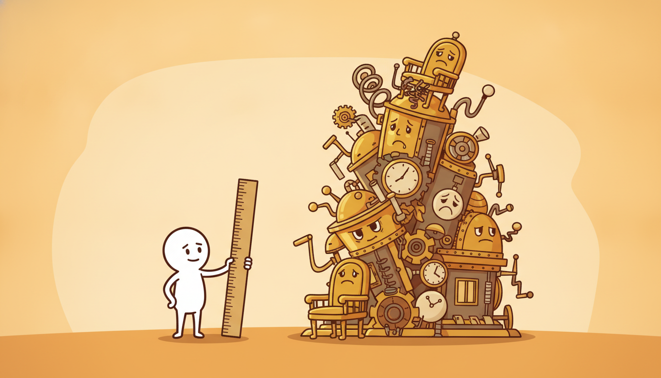 A tiny plain stick-simple character holding up one perfectly straight ruler politely but firmly asks a towering pile of elaborate ornate over-engineered brass-and-gear machines to sit down, the fancy machines looking sheepish and deflated while the little plain character stands quietly victorious.