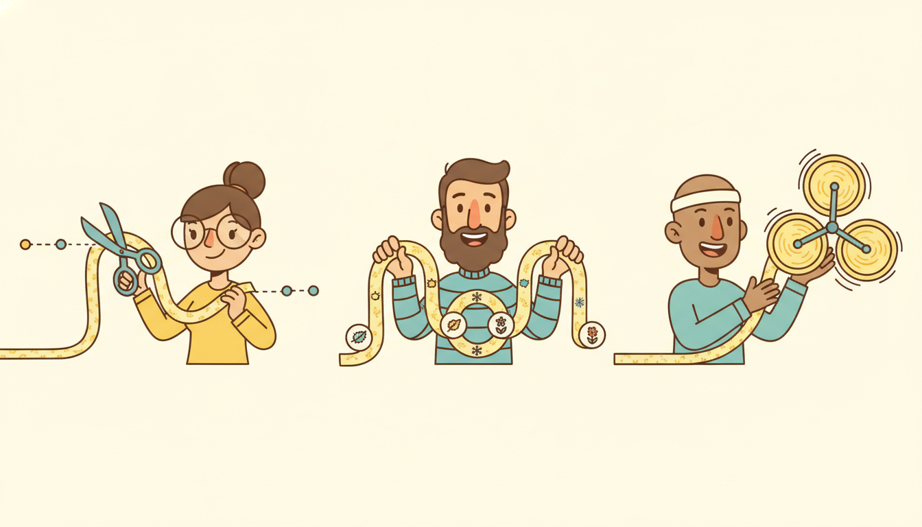Three inventive engineer characters each taming one enormously long stretched-out sequence ribbon a different way: one snipping it to a few sparse sample points, one folding it into repeating seasonal loops, and one turning it into smooth spinning frequency wheels.