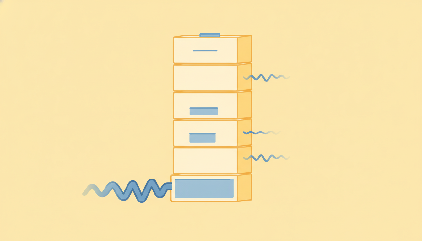 A tall tidy tower of identical stacked building blocks, each keeping a smooth piece of a wavy input signal for itself and passing the leftover wiggly remainder up to the block above, the residue shrinking floor by floor until the top block holds only a tiny flat scrap.
