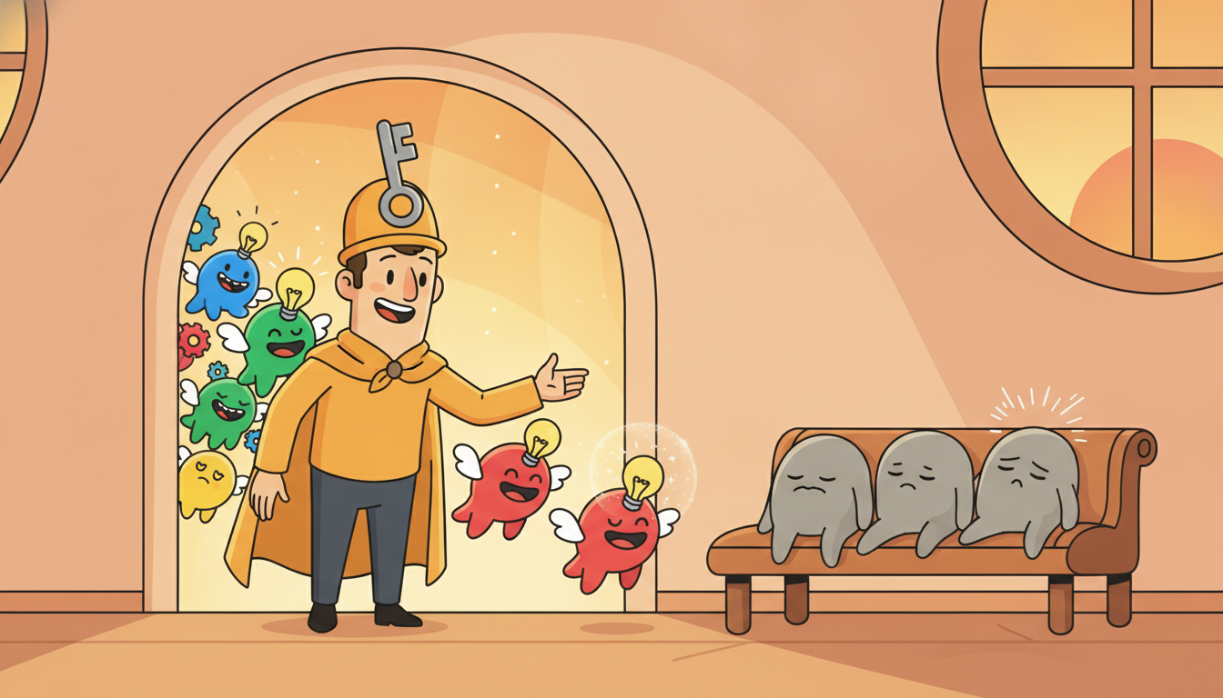 A cheerful gatekeeper at a wide doorway waves a few bright lively useful feature-creatures through into a cozy glowing room while gently directing a handful of dull grey sleepy feature-creatures to rest on a bench off to the side.