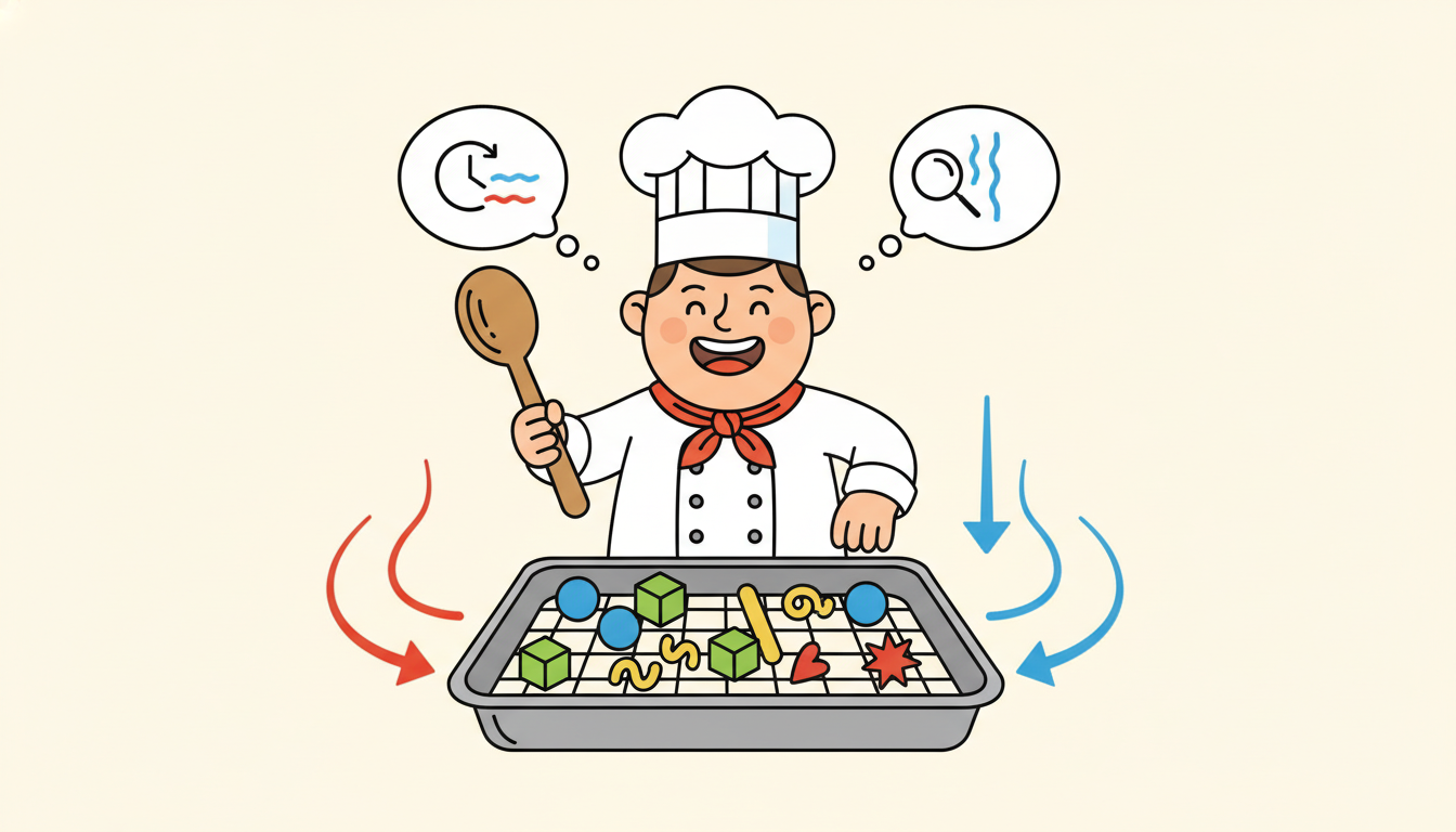 A cheerful chef stands over a rectangular grid-shaped pan of ingredients, alternately stirring once along the horizontal rows and then once along the vertical columns with a big spoon, motion arrows showing the two perpendicular stirring passes.