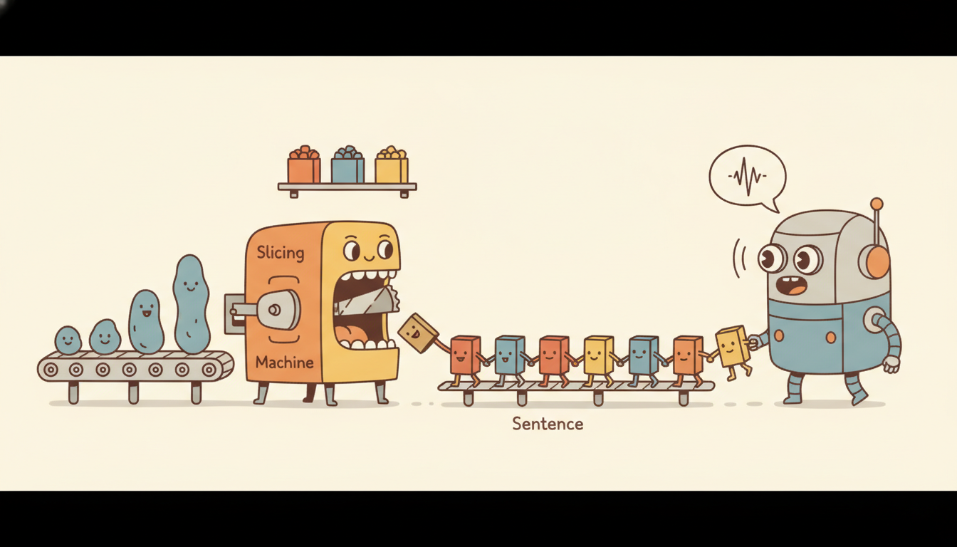 Continuous data-point pebbles pass through a slicing machine that quantizes each into a discrete colored token-block, and the blocks march off arm-in-arm like word-creatures forming a sentence that a language-model robot reads, dramatizing how Chronos quantizes a real-valued series into discrete tokens so a language model can forecast it.