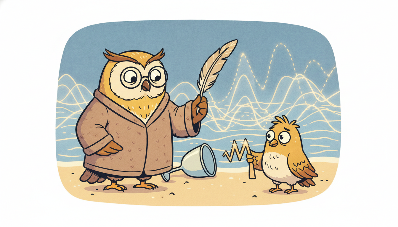 A wise owl that has drunk from a vast ocean of overlapping wavy time-series curves now reads a single unfamiliar wavy ribbon held out by a nervous visitor and sketches its continuation in the air, dramatizing a model pretrained on a sea of diverse series then applied cold to a brand-new one it has never met.