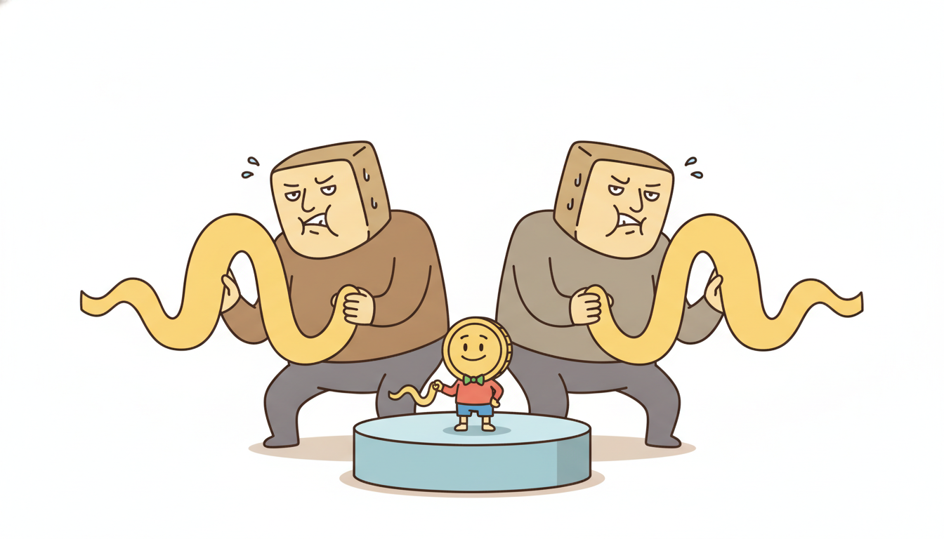 A tiny coin-sized model stands relaxed on a podium beside two enormous straining giant models, holding a forecast ribbon just as crisp as theirs, dramatizing how the few-million-parameter Tiny Time Mixer stays competitive zero-shot against far larger foundation models at a fraction of the cost.