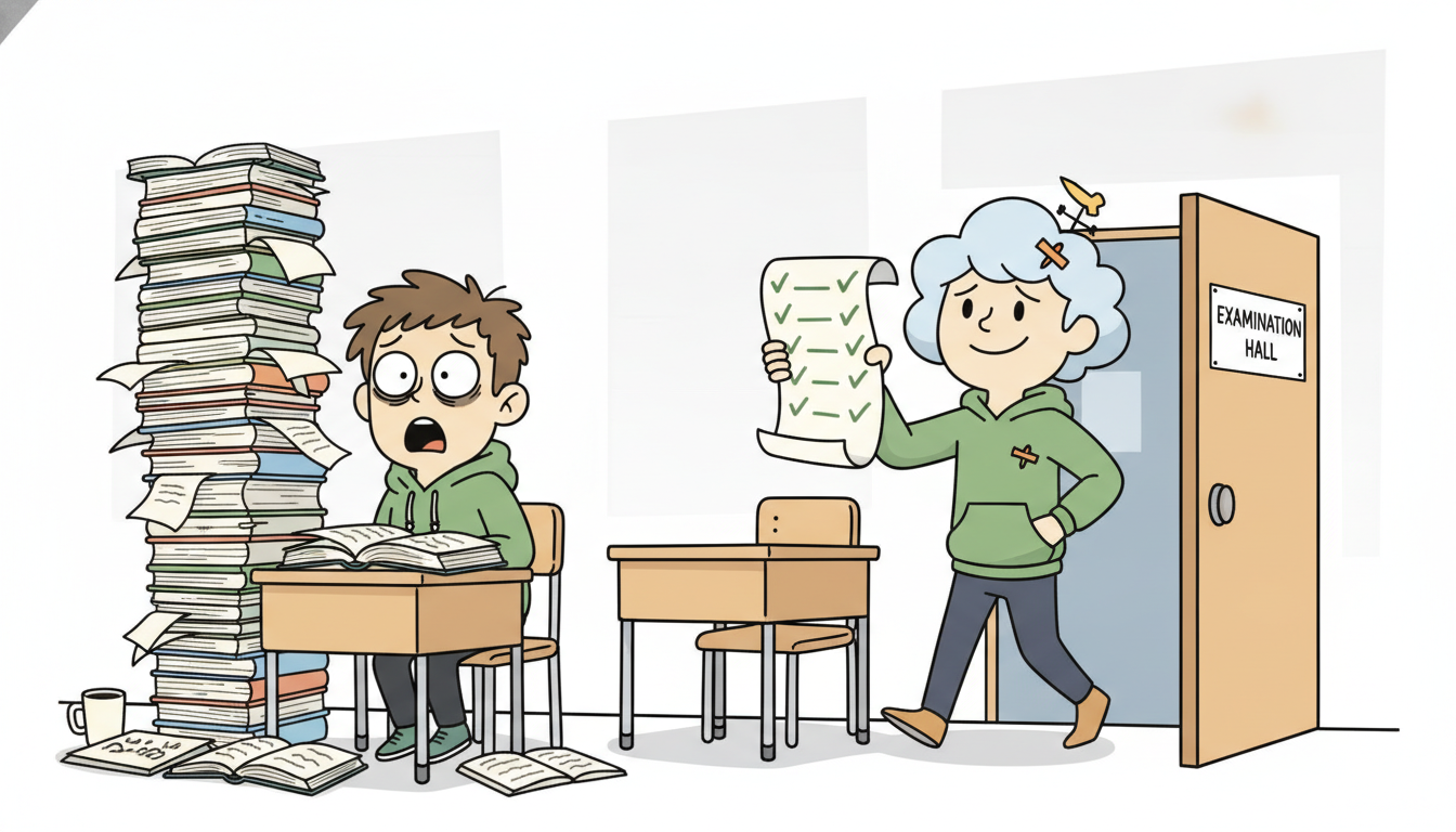 A relaxed forecaster strolls out of an exam hall holding a paper full of checkmarks despite a bare study desk with no notes, while a classmate who crammed with a tower of books looks on dumbfounded, dramatizing zero-shot evaluation where a pretrained model scores well on a held-out series it never trained on.