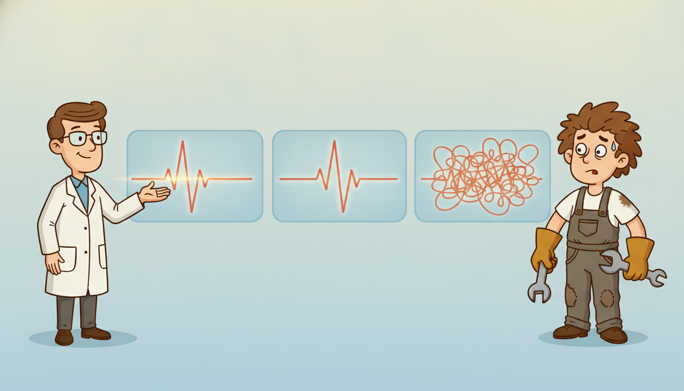 Two cartoon characters reshape copies of the same heartbeat waveform, one gently adds a shimmer while keeping the key spikes and the other flips and scrambles it into an unrecognizable mess, dramatizing how an over-aggressive augmentation can destroy the very semantics it was supposed to preserve.
