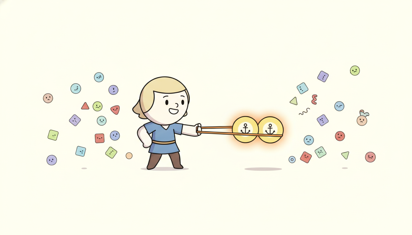 A cartoon character pulls a near-identical twin dot toward an anchor with a taut elastic band while pushing a crowd of unrelated stranger dots away to the edges, picturing how a contrastive loss draws matched positive pairs together and repels mismatched negatives in the embedding space.
