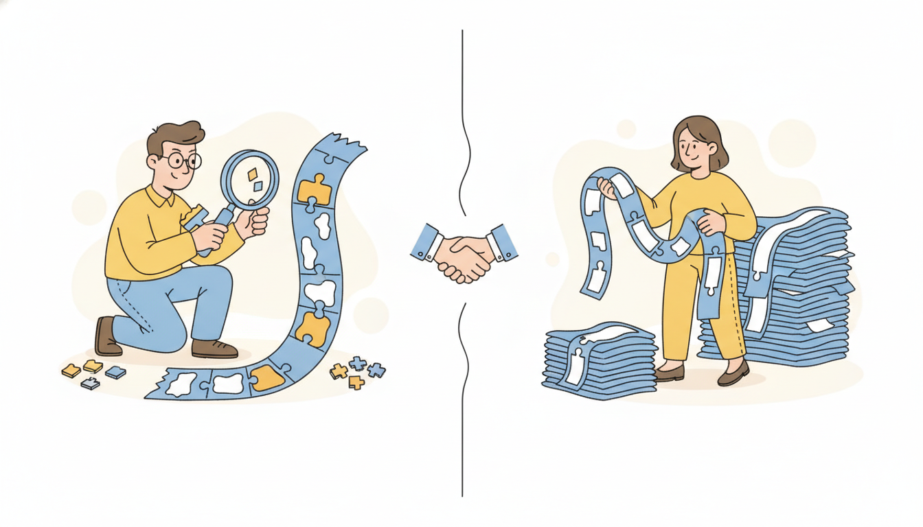 Two cartoon workers tackle the same wavy strip differently, one fills in small blanked gaps patch by patch for fine local detail while the other sorts whole strips into matching piles for the global gist, with a small handshake between them, contrasting masked reconstruction against contrastive learning and hinting they combine.