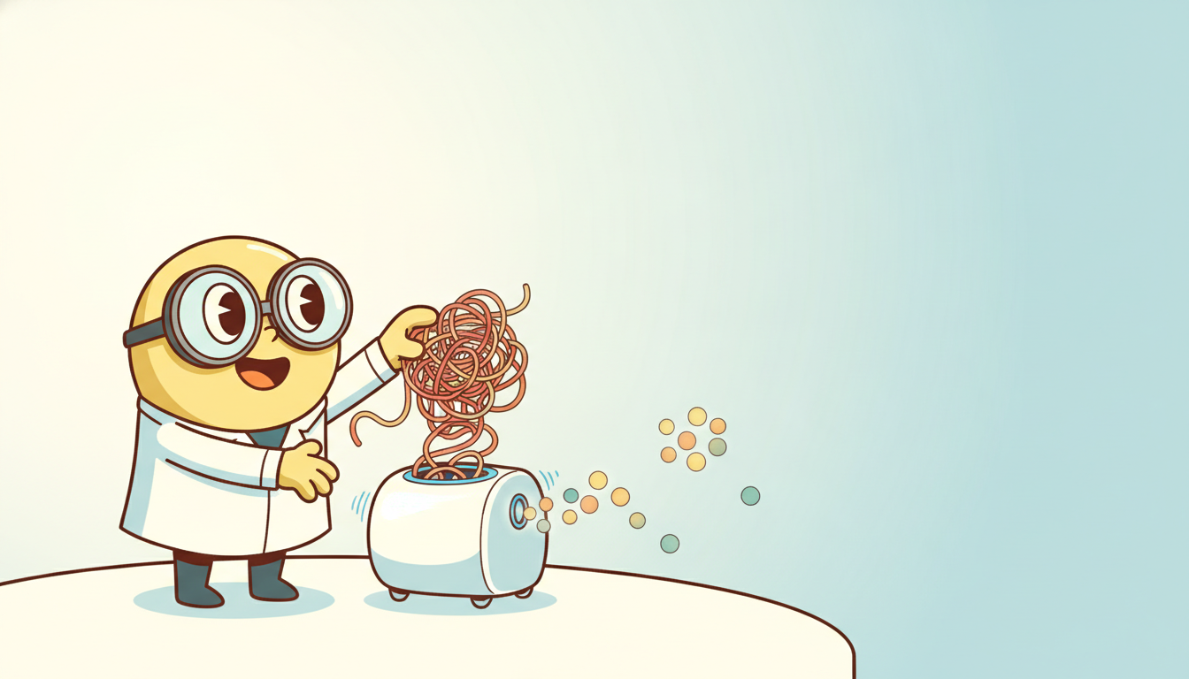 A cartoon character feeds a tangled wiggly ribbon into a small machine that emits a tidy constellation of glowing points where similar ones cluster and different ones spread apart, picturing how a learned representation turns a raw messy time series into a compact geometry of coordinates.