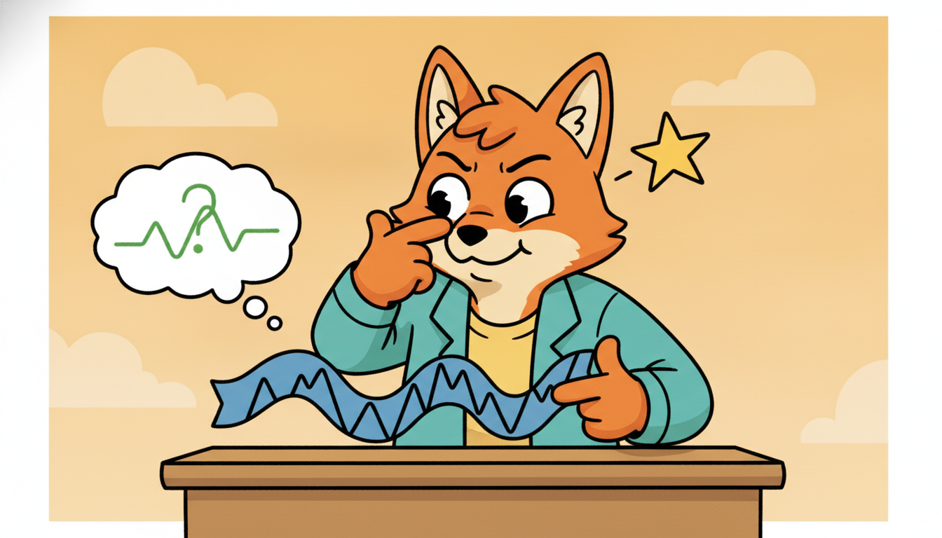 A cartoon character hides part of a wavy strip under its own hand, quizzes itself on the hidden gap, and grades the guess against the strip it already holds, dramatizing how self-supervised learning invents a free training label by hiding part of the data and predicting it.