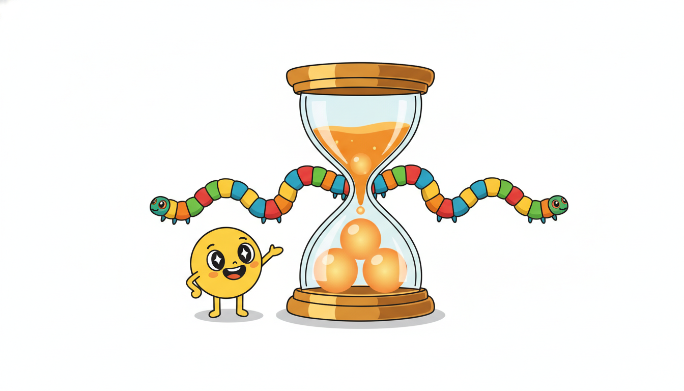 A long beaded sequence is squeezed through the narrow waist of an hourglass into a tiny handful of beads, then expands back into nearly the same sequence, picturing how an autoencoder compresses to a bottleneck and reconstructs.