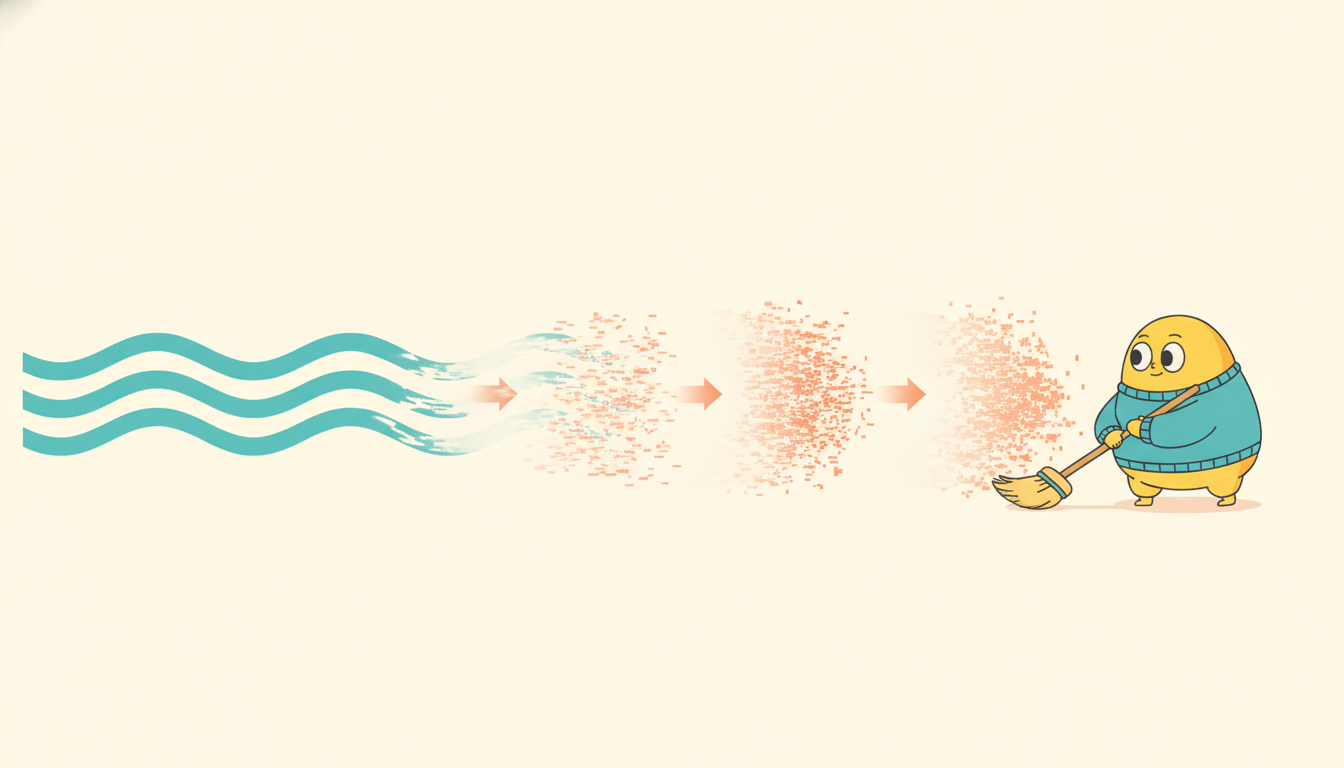A clean wave ribbon dissolves stepwise into random static, then a patient character brushes the static backward step by step to recover a crisp wave, illustrating forward noising and reverse denoising in a diffusion model.