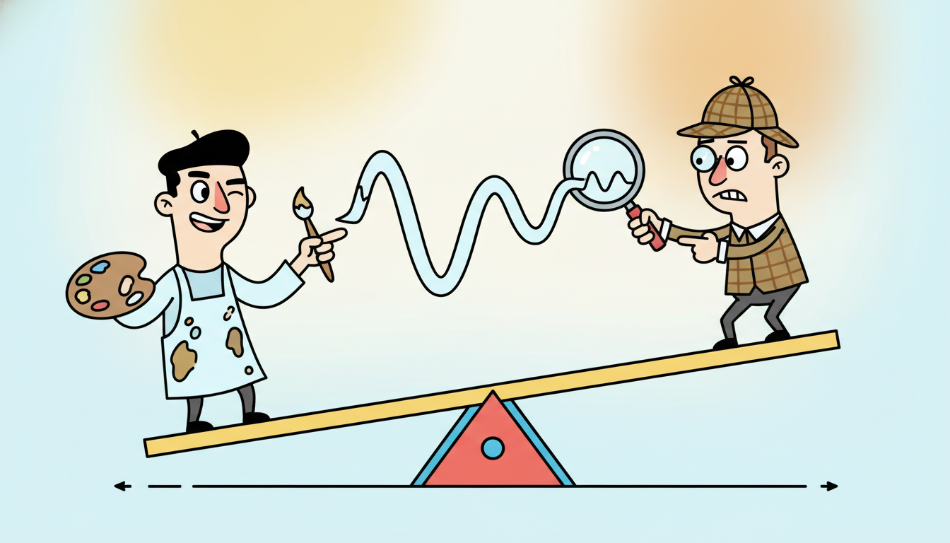 A cartoon forger paints a fake wavy sequence while a squinting inspector with a magnifying glass spots the flaw, the two balanced on a tilting seesaw, capturing the generator versus discriminator minimax contest of a GAN.
