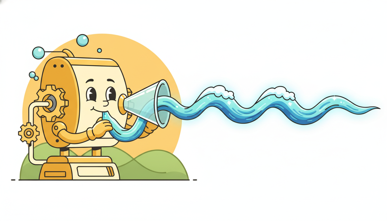 A cartoon machine funnels a wavy time series ribbon into a compact form and emits a fresh glowing copy of the same wave, showing how generative models learn to manufacture new sequences that resemble real data.