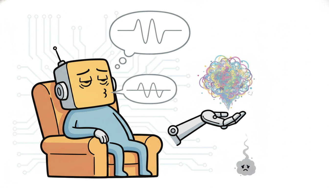 A decoder character ignores the offered latent cloud and lazily recites a flat average wave from memory while the unused latent puff deflates, dramatizing posterior collapse where the model stops using its latent code.