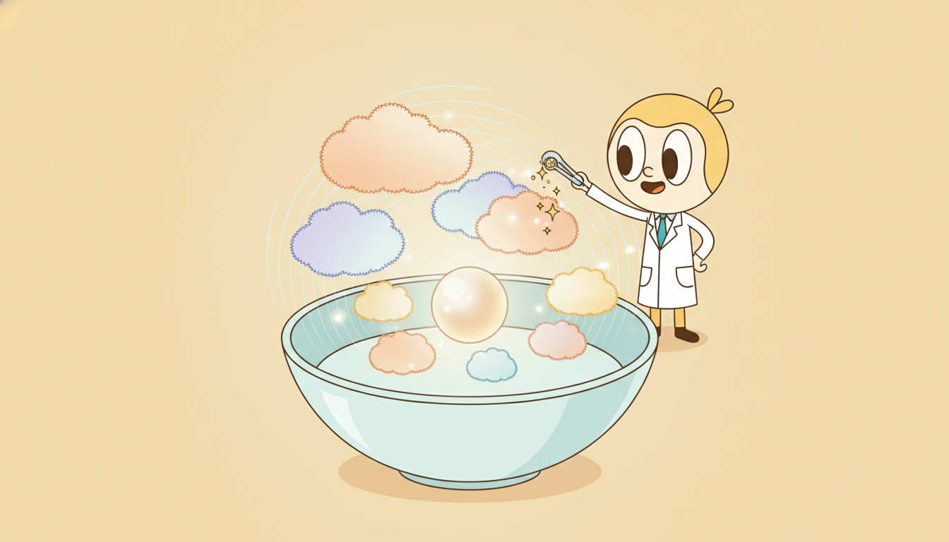 Sequences are encoded as soft fuzzy probability clouds that gather politely around a central point in a round bowl, and sampling a cloud emits a new little wave, illustrating how a VAE replaces points with distributions shaped by a prior.