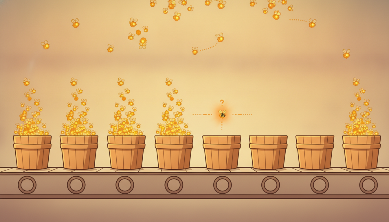 Evenly spaced buckets on a conveyor try to catch irregularly arriving glowing fireflies, with some buckets overflowing and others empty, dramatizing how a fixed time grid mismatches real event timing.