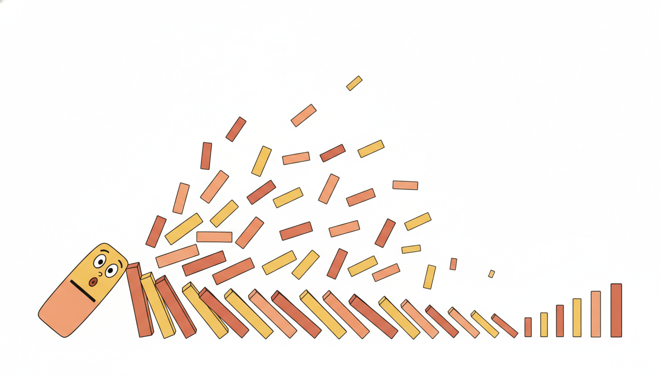 One toppling domino triggers a branching cascade of further dominoes that gradually fades to calm, illustrating how each Hawkes event raises the chance of more events before excitation decays.