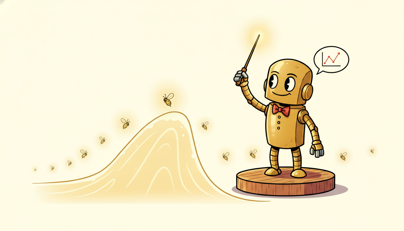 A robot conductor raises a baton to swell a glowing intensity wave just before each new firefly event appears, illustrating a neural temporal point process learning a flexible conditional intensity from event history.