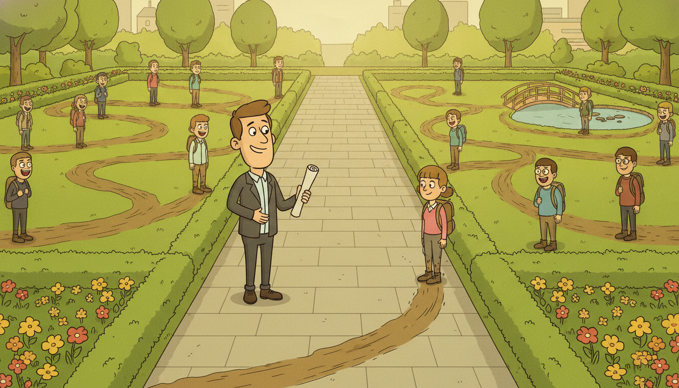 A planner stands on a tidy straight paved path while crowds wear muddy looping shortcut trails across the grass, illustrating the gap between the designed process model and the messy real behavior recovered from event logs.