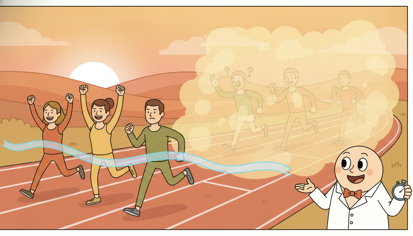 Some runners cross a finish ribbon while others are frozen mid stride behind a fog wall marking the end of observation, illustrating censored survival data where the event time is only known to exceed a cutoff.