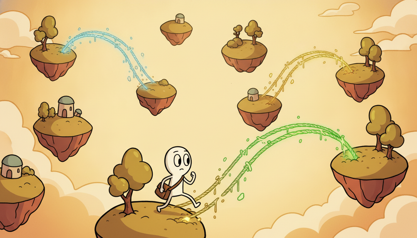 Island nodes linked by glowing bridges that appear and dissolve over time while a courier reroutes, illustrating a dynamic graph where edges form and vanish so message passing must account for when connections existed.
