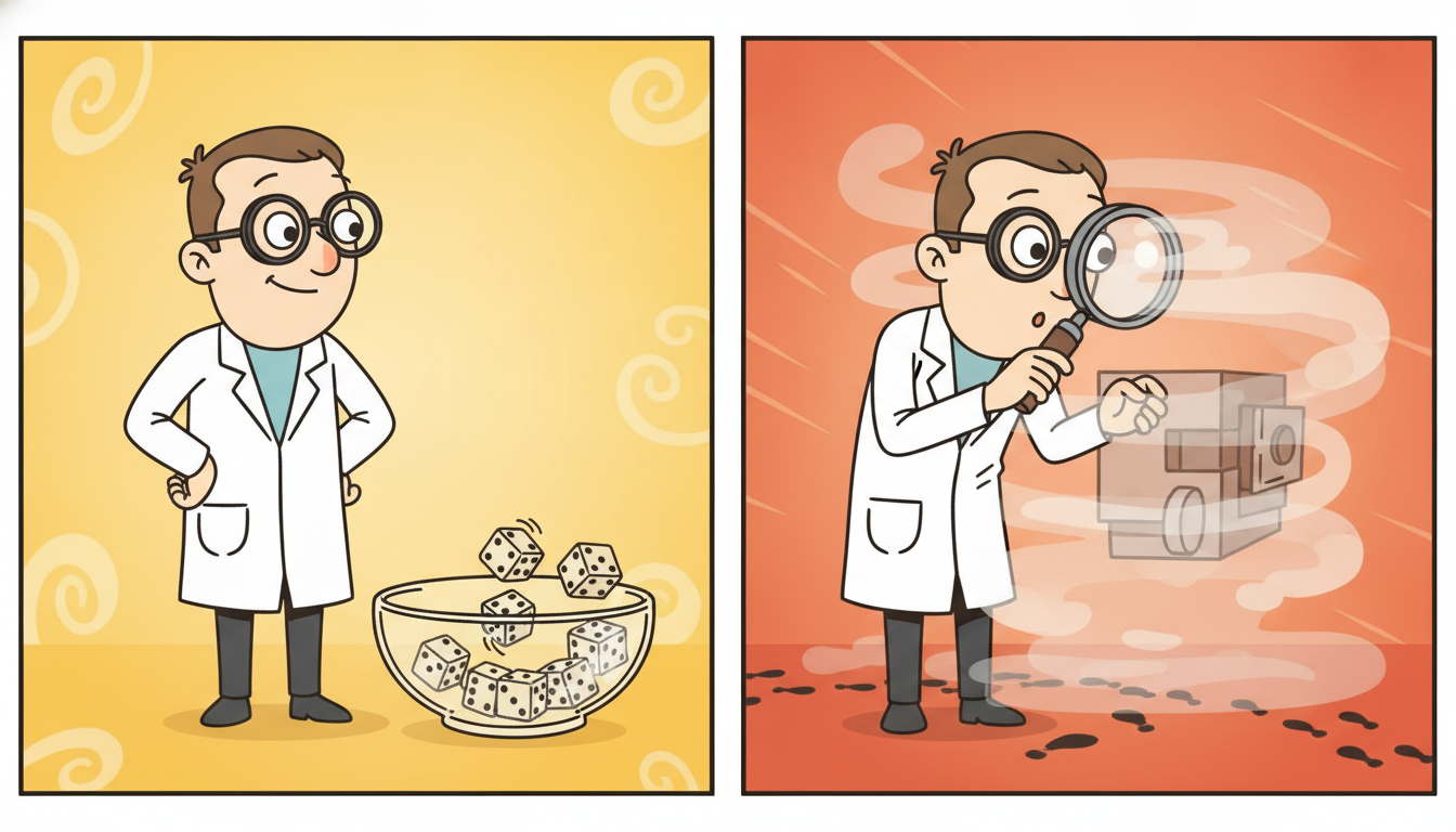 A two part scene contrasting permanent dice randomness in a glass bowl with a foggy shape that grows clearer as a scientist gathers more footprints and peers through a magnifying glass.