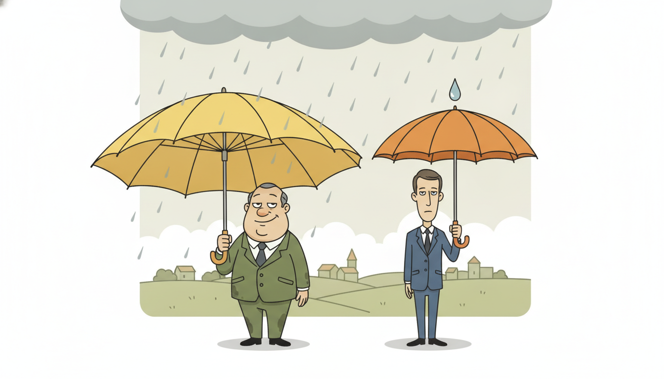 Two forecasters under the same cloud, one hiding behind an absurdly huge vague umbrella that is always technically right, the other holding a slim precise umbrella aimed exactly at the falling raindrop.